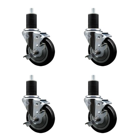 Service Caster 4'' SS Black Poly Swivel 1-3/4'' Expanding Stem Caster Set with Brake, 4PK SCC-SSEX20S414-PPUB-BLK-TLB-134-4